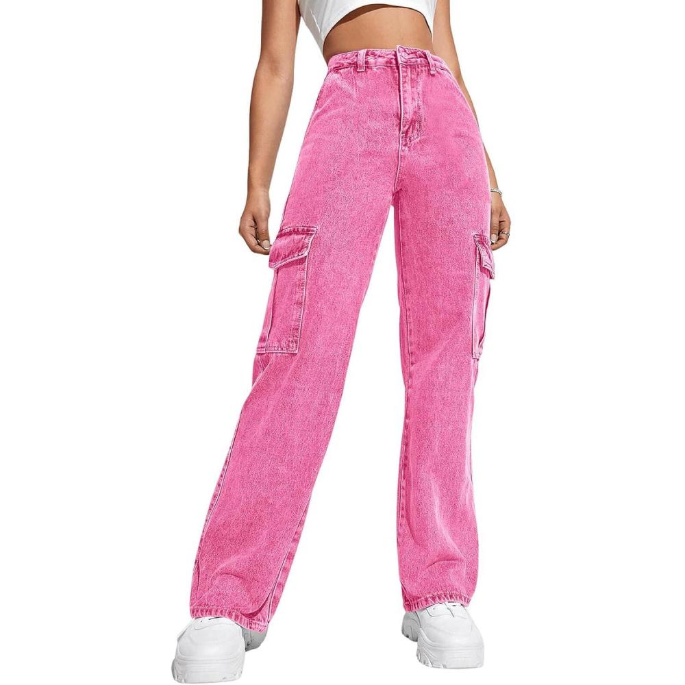 imageHaloumoning Girls Jeans Denim Elastic High Waisted Wide Leg Baggy Cargo Pants with Pockets 514 YearsHot Pink
