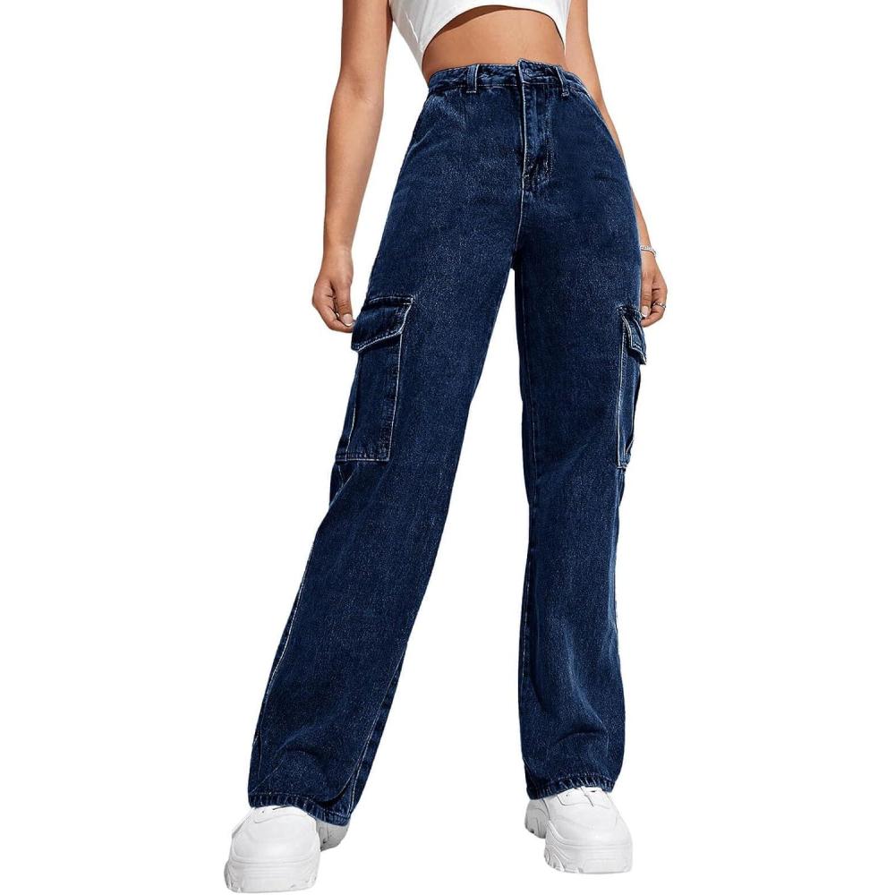 imageHaloumoning Girls Jeans Denim Elastic High Waisted Wide Leg Baggy Cargo Pants with Pockets 514 YearsNavy