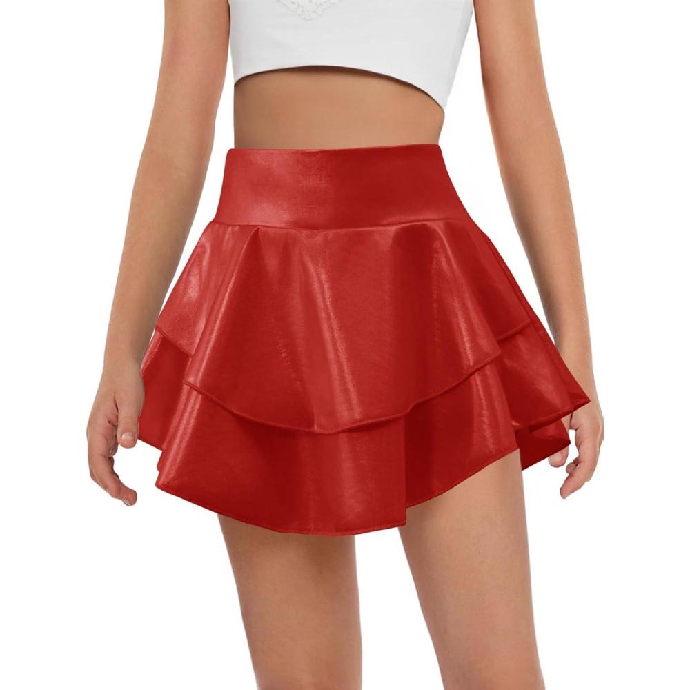 imageHaloumoning Girls Metallic Skater Skort Kids High Waisted Shiny Dance Scooter Skirt 414 YearsRed