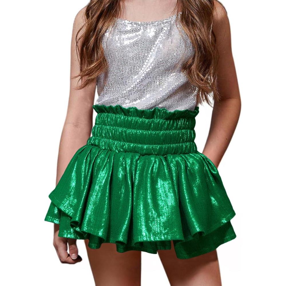 imageHaloumoning Girls Metallic Skorts Kids High Waisted Ruffle Skirts Sparkly Shiny Party Skirts 514 YearsGreen