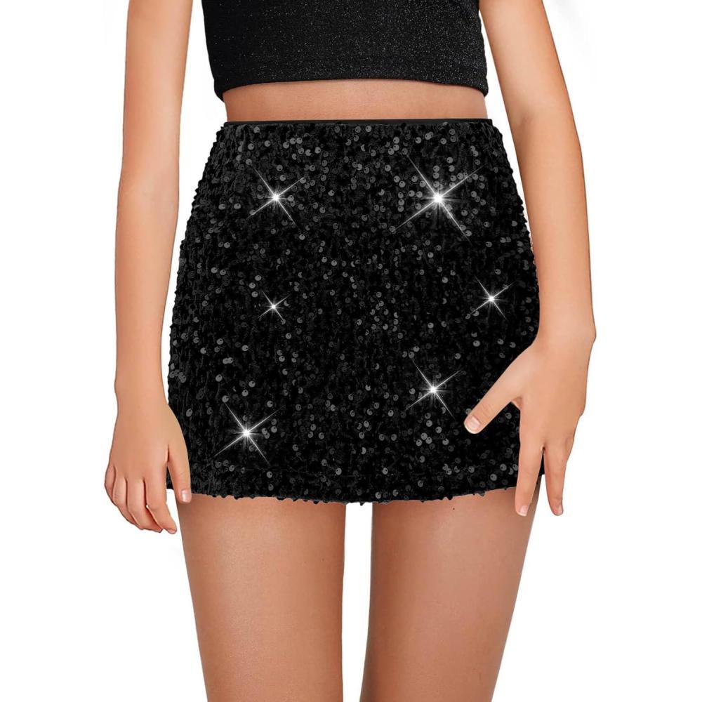 imageHaloumoning Girls Sequin Skirt High Waisted Mini Skirts Sparkle Glitter Party Skirts 514 YearsBlack