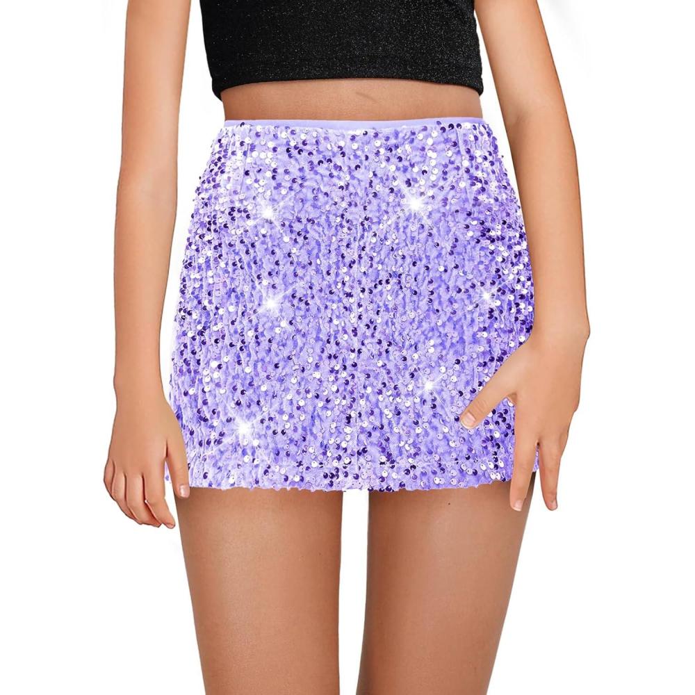 imageHaloumoning Girls Sequin Skirt High Waisted Mini Skirts Sparkle Glitter Party Skirts 514 YearsPurple