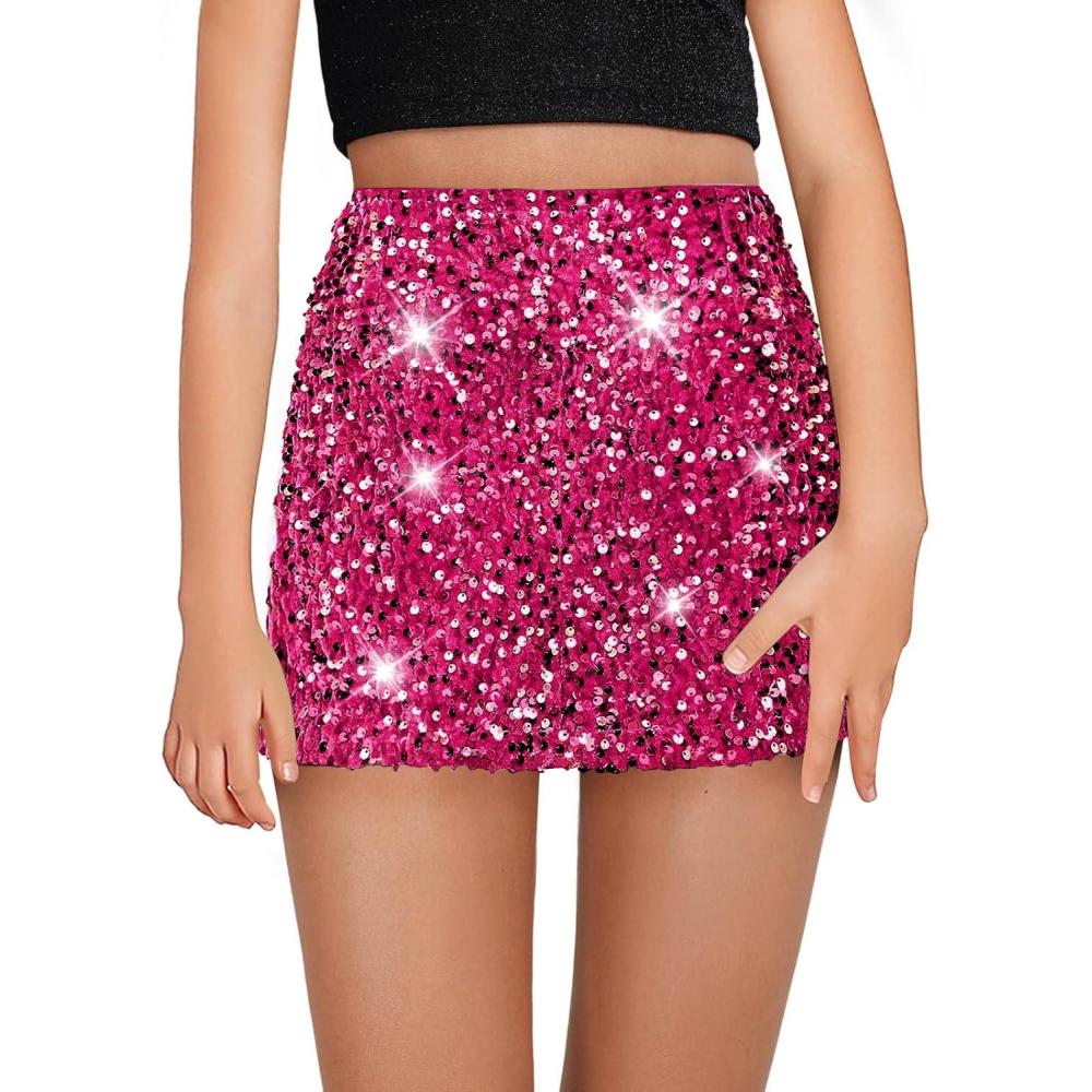 imageHaloumoning Girls Sequin Skirt High Waisted Mini Skirts Sparkle Glitter Party Skirts 514 YearsRose Red