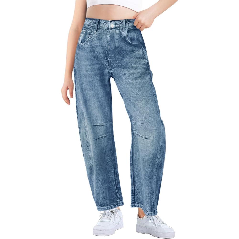 imageHaloumoning Girls Wide Leg Barrel Jeans Kids Fashion Elastic Waist Baggy Denim Pants with Pockets 514 YearsLight Blue