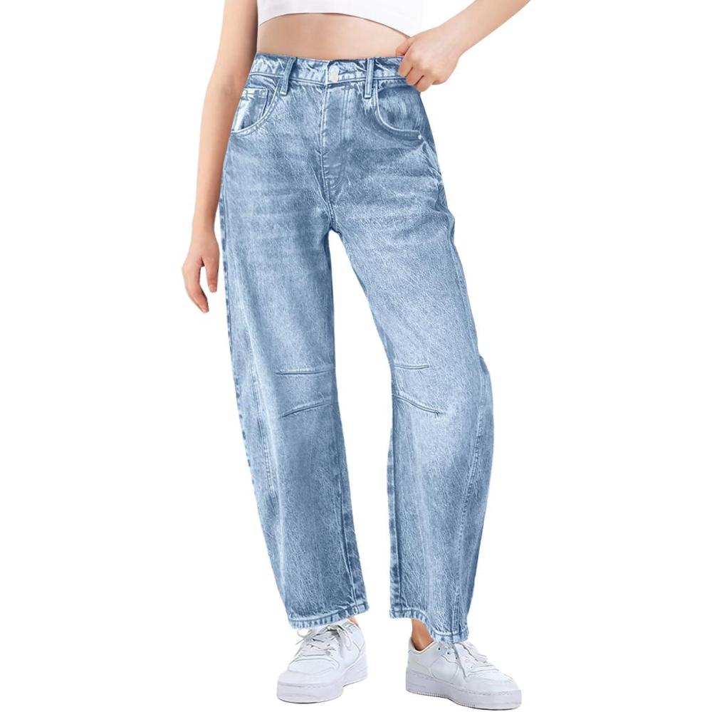 imageHaloumoning Girls Wide Leg Barrel Jeans Kids Fashion Elastic Waist Baggy Denim Pants with Pockets 514 YearsSky Blue