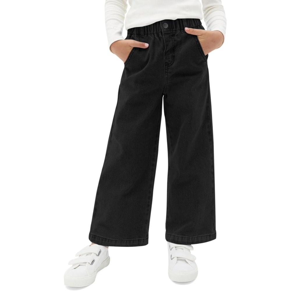 imageHaloumoning Girls Wide Leg Jeans Kids Elastic Waist Casual Demin Pants with Pockets 514 YearsBlack
