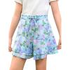Girls Floral Skirts Kids Fashion Elastic High Waist Ruffle Flowy Shorts with Drawstring 5-14 Years(Light Blue)