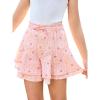 Girls Floral Skirts Kids Fashion Elastic High Waist Ruffle Flowy Shorts with Drawstring 5-14 Years(Pink)