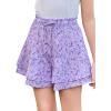 Girls Floral Skirts Kids Fashion Elastic High Waist Ruffle Flowy Shorts with Drawstring 5-14 Years(Purple)