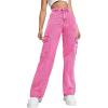 Haloumoning Girls Jeans Denim Elastic High Waisted Wide Leg Baggy Cargo Pants with Pockets 5-14 Years(Hot Pink)