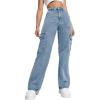 Haloumoning Girls Jeans Denim Elastic High Waisted Wide Leg Baggy Cargo Pants with Pockets 5-14 Years(Light Blue)