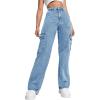 Haloumoning Girls Jeans Denim Elastic High Waisted Wide Leg Baggy Cargo Pants with Pockets 5-14 Years(Wash Blue)
