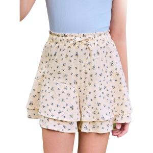 Girls Floral Skirts Kids Fashion Elastic High Waist Ruffle Flowy Shorts with Drawstring 5-14 Years(Beige)