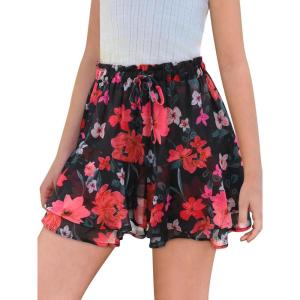 Girls Floral Skirts Kids Fashion Elastic High Waist Ruffle Flowy Shorts with Drawstring 5-14 Years(Black)