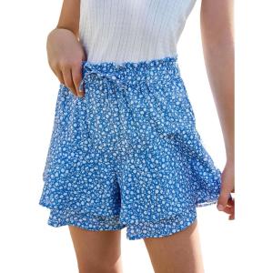 Girls Floral Skirts Kids Fashion Elastic High Waist Ruffle Flowy Shorts with Drawstring 5-14 Years(Blue)
