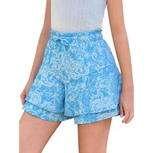 Girls Floral Skirts Kids Fashion Elastic High Waist Ruffle Flowy Shorts with Drawstring 5-14 Years(Bright Blue)