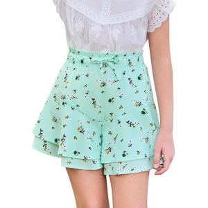 Girls Floral Skirts Kids Fashion Elastic High Waist Ruffle Flowy Shorts with Drawstring 5-14 Years(Green)