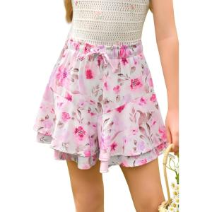 Girls Floral Skirts Kids Fashion Elastic High Waist Ruffle Flowy Shorts with Drawstring 5-14 Years(Light Pink)