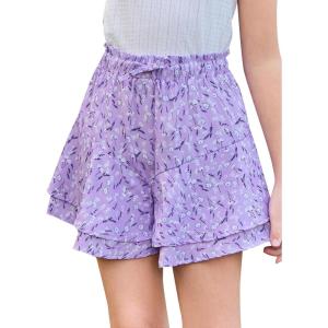 Girls Floral Skirts Kids Fashion Elastic High Waist Ruffle Flowy Shorts with Drawstring 5-14 Years(Purple)