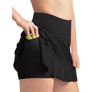 Haloumoning Girls Athletic Tennis Golf Skirts with Shorts Kids High Waist Ruffle A-line Skorts with Pockets 5-14 Years(Black)