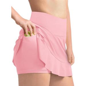 Haloumoning Girls Athletic Tennis Golf Skirts with Shorts Kids High Waist Ruffle A-line Skorts with Pockets 5-14 Years(Light Pink)