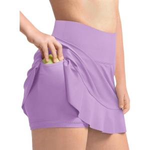 Haloumoning Girls Athletic Tennis Golf Skirts with Shorts Kids High Waist Ruffle A-line Skorts with Pockets 5-14 Years(Lilac)