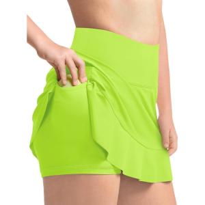 Haloumoning Girls Athletic Tennis Golf Skirts with Shorts Kids High Waist Ruffle A-line Skorts with Pockets 5-14 Years(Neon Green)