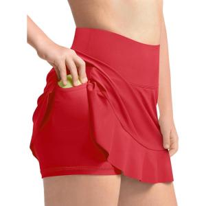 Haloumoning Girls Athletic Tennis Golf Skirts with Shorts Kids High Waist Ruffle A-line Skorts with Pockets 5-14 Years(Red)
