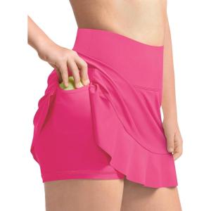 Haloumoning Girls Athletic Tennis Golf Skirts with Shorts Kids High Waist Ruffle A-line Skorts with Pockets 5-14 Years(Rose Red)