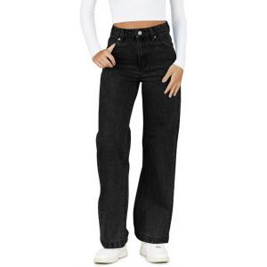Haloumoning Girl’s Elastic Waist Jeans Straight Leg Demin Pants Casual Stretch Long Pants with Pockets 5-14 Years(Black)