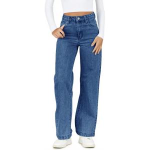 Haloumoning Girl’s Elastic Waist Jeans Straight Leg Demin Pants Casual Stretch Long Pants with Pockets 5-14 Years(Blue)