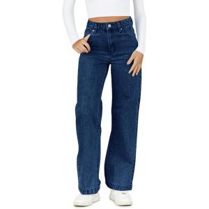 Haloumoning Girl’s Elastic Waist Jeans Straight Leg Demin Pants Casual Stretch Long Pants with Pockets 5-14 Years(Navy Blue)