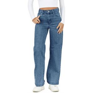 Haloumoning Girl’s Elastic Waist Jeans Straight Leg Demin Pants Casual Stretch Long Pants with Pockets 5-14 Years(Wash Blue)