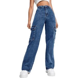 Haloumoning Girls Jeans Denim Elastic High Waisted Wide Leg Baggy Cargo Pants with Pockets 5-14 Years(Cowboy Blue)