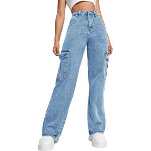 Haloumoning Girls Jeans Denim Elastic High Waisted Wide Leg Baggy Cargo Pants with Pockets 5-14 Years(Wash Blue)