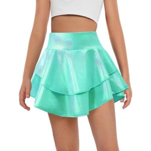 Haloumoning Girls Metallic Skater Skort Kids High Waisted Shiny Dance Scooter Skirt 4-14 Years(Blue Green)