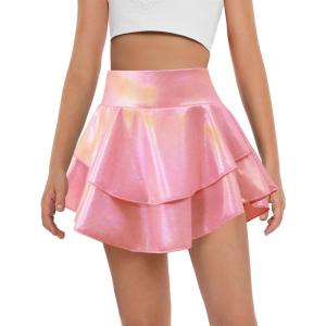 Haloumoning Girls Metallic Skater Skort Kids High Waisted Shiny Dance Scooter Skirt 4-14 Years(Pink)