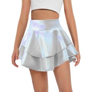 Haloumoning Girls Metallic Skater Skort Kids High Waisted Shiny Dance Scooter Skirt 4-14 Years(Silver)