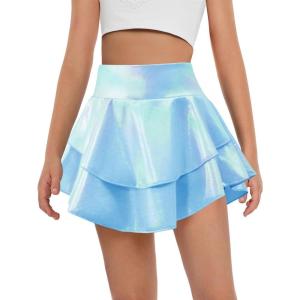 Haloumoning Girls Metallic Skater Skort Kids High Waisted Shiny Dance Scooter Skirt 4-14 Years(Sky Blue)
