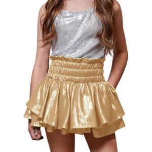 Haloumoning Girls Metallic Skorts Kids High Waisted Ruffle Skirts Sparkly Shiny Party Skirts 5-14 Years(Champagne Gold)