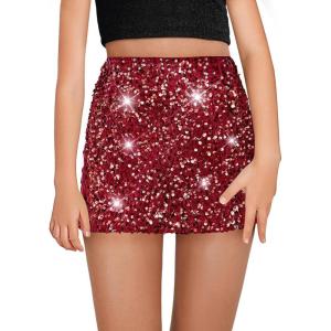 Haloumoning Girls Sequin Skirt High Waisted Mini Skirts Sparkle Glitter Party Skirts 5-14 Years(Red)