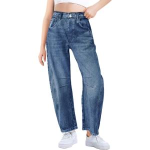Haloumoning Girls Wide Leg Barrel Jeans Kids Fashion Elastic Waist Baggy Denim Pants with Pockets 5-14 Years(Blue)