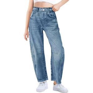 Haloumoning Girls Wide Leg Barrel Jeans Kids Fashion Elastic Waist Baggy Denim Pants with Pockets 5-14 Years(Light Blue)
