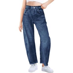 Haloumoning Girls Wide Leg Barrel Jeans Kids Fashion Elastic Waist Baggy Denim Pants with Pockets 5-14 Years(Navy Blue)