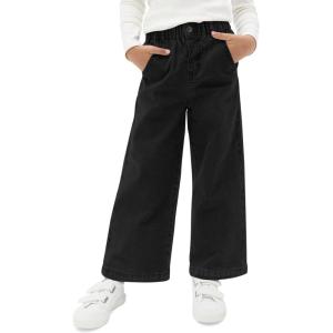 Haloumoning Girls Wide Leg Jeans Kids Elastic Waist Casual Demin Pants with Pockets 5-14 Years(Black)