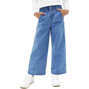 Haloumoning Girls Wide Leg Jeans Kids Elastic Waist Casual Demin Pants with Pockets 5-14 Years(Jean Blue)