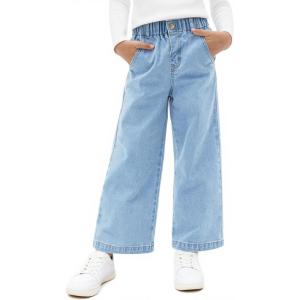 Haloumoning Girls Wide Leg Jeans Kids Elastic Waist Casual Demin Pants with Pockets 5-14 Years(Light Blue)