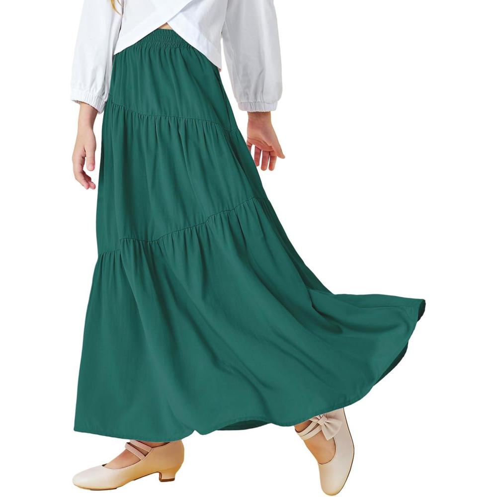 imageHaloumoning Girls Elastic High Waist Maxi Skirt Boho ALine Tiered Pleated Long Skirts with Pockets 514 YearsArmy Green