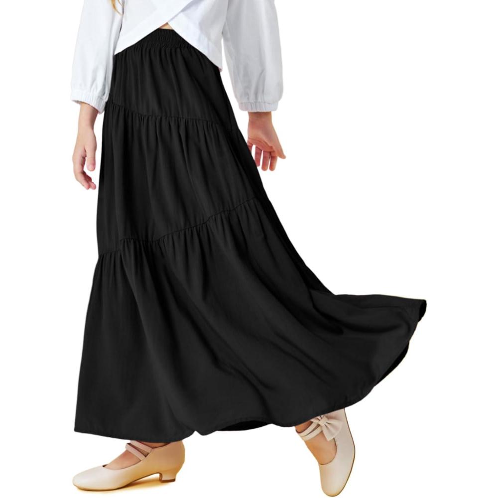 imageHaloumoning Girls Elastic High Waist Maxi Skirt Boho ALine Tiered Pleated Long Skirts with Pockets 514 YearsBlack