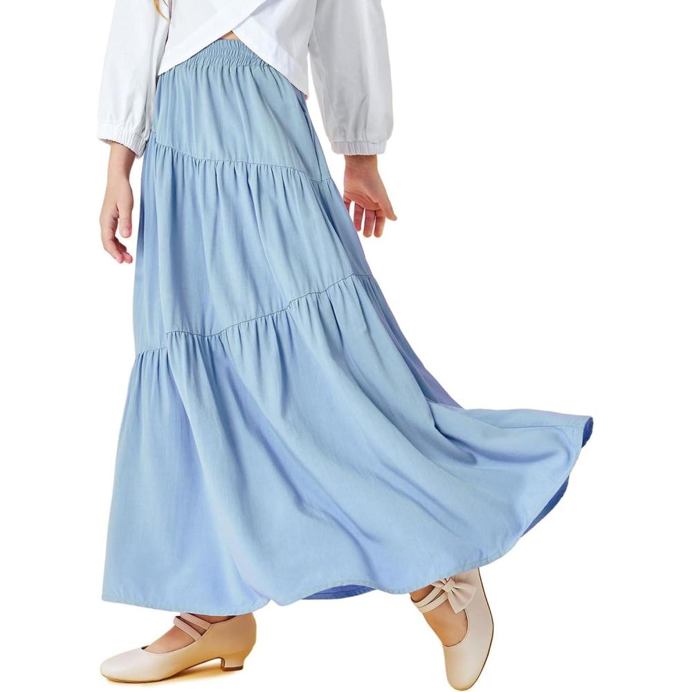 imageHaloumoning Girls Elastic High Waist Maxi Skirt Boho ALine Tiered Pleated Long Skirts with Pockets 514 YearsBlue